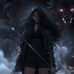 Dark Fantasy. Full body shot, beautiful black long haired woman in black jacket ...