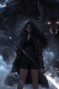 Dark Fantasy. Full body shot, beautiful black long haired woman in black jacket ...