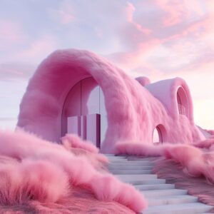 a modern style building with arch facade, covered with pink fluffy feather, sit ...