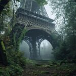 Abandoned Eiffel Tower, ruined buildings, post-apocalyptic, moss, volumetric fog...