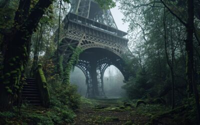 Abandoned Eiffel Tower, ruined buildings, post-apocalyptic, moss, volumetric fog...