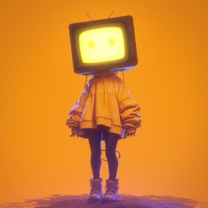 very cute person, head in the shape of a TV, in a mysterious environment, in a r...