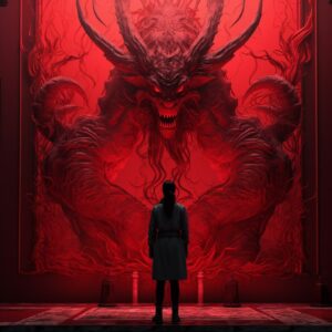 10 cool prompts for Midjourney / Vol 31. A female demon standing behind a red sc...