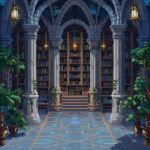 fantasy academia, entry hall, pixel art --v 6-perfume shop shelf, fantasy, pixel...