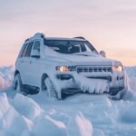 Expensive SUV fully frozen stuck in snowdrift, amazing nature, on mountainby Pau...