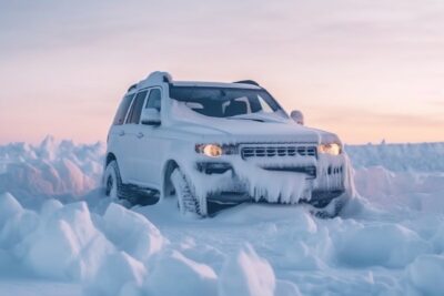 Expensive SUV fully frozen stuck in snowdrift, amazing nature, on mountainby Pau...