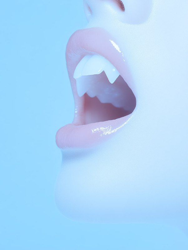 magazine photograpy of beauty cosmetics vampire, show fangs and mouth open, clos...