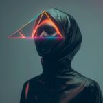 A person with a holographic Triangle shape Tech Persona Head, the outfit made by...