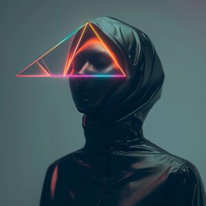 A person with a holographic Triangle shape Tech Persona Head, the outfit made by...