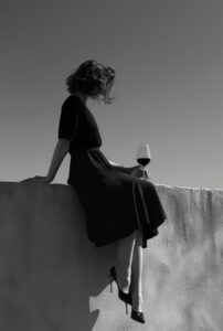 a woman sits on a wall with wine around her feet, in the style of black and whit...