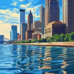 SUBJECT: a close-up shot of the Detroit skyline with the Renaissance Center buil...