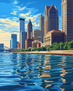 SUBJECT: a close-up shot of the Detroit skyline with the Renaissance Center buil...