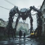 cinematic shot, realistic photograph, spider mech robot with machine guns in a r...