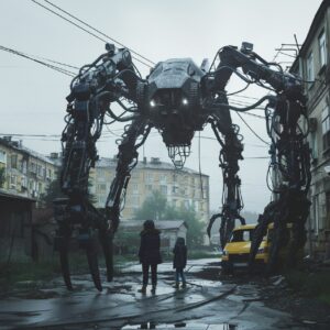 cinematic shot, realistic photograph, spider mech robot with machine guns in a r...