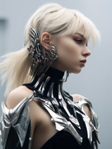 female wear futuristic armor and big earrings, in the style of unreal engine 5, ...