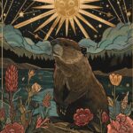 vintage dark aesthetic tarot card with a screen printed beaver looking straight ...