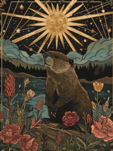 vintage dark aesthetic tarot card with a screen printed beaver looking straight ...