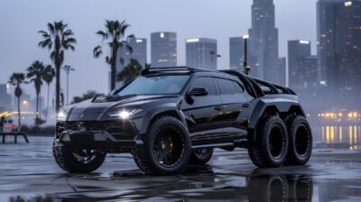 Lamborghini 6x6 suv coupe Los Angeles background side view --v 6 --ar 16:9 --s 8...