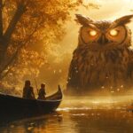 beautiful concept art, elves in a boat, a lake in enchanted forest, a huge statu...