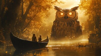 beautiful concept art, elves in a boat, a lake in enchanted forest, a huge statu...