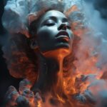 Massive billowing clouds painted on the face of a charismatic glowing humanoid, ...