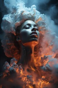 Massive billowing clouds painted on the face of a charismatic glowing humanoid, ...