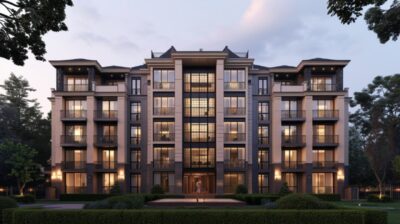 one crystal cresent apartment building, affluent neighborhood, Elevation View, F...