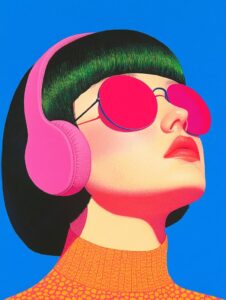 A short haircut, wearing sunglasses and headphones, wearing sunglasses, and head...