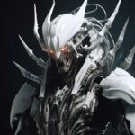 A close up of a demonic mechanical creature on a black background, inspired by M...