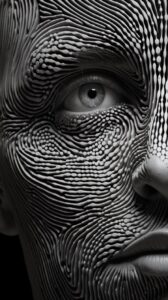 Portrait art, an abstract pattern of black and white lines, in the style of imag...