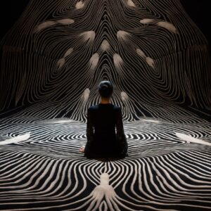 a rug that represent a drawing of the ribs of a woman sitting on a bed, in the s...