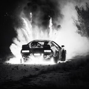 Burning cars with MJ4Sports car burning after accident on country road, black an...