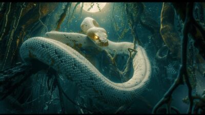 In the depths of the forest, a fierce and mysterious giant huge white snake appe...