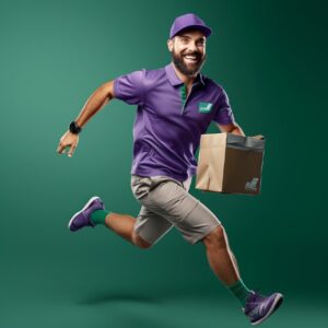 full body perspective angle photo delivery running with a package, photography, ...