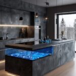 modern kitchen, open space, grey walls and cabinets, black accents, large island...
