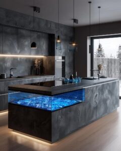 modern kitchen, open space, grey walls and cabinets, black accents, large island...