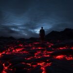 the night sky with red lava on a rock, in the style of isaac julien, rendered in...