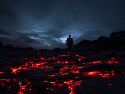 the night sky with red lava on a rock, in the style of isaac julien, rendered in...