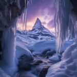 a beautiful illuminated ice cave with half frozen streams running through leadin...