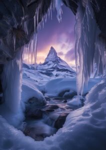 a beautiful illuminated ice cave with half frozen streams running through leadin...