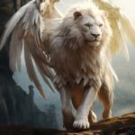 High-res cinematic image of a white lion with white and golden wings, large wing...