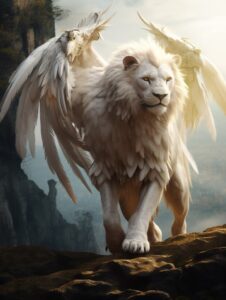 High-res cinematic image of a white lion with white and golden wings, large wing...