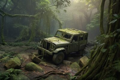 Modern offroad suv 2022 stuck in stone overturned over 100 years being abandoned...