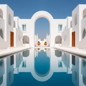 Symmetrical, bright, mykonos, greece, in the style of landscape photography --v ...