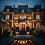 Direct close up of a fabulously beautiful and wealthy mansion at night with ligh...