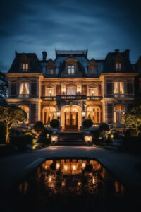 Direct close up of a fabulously beautiful and wealthy mansion at night with ligh...