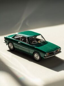 The light and shadow of the half-dark green Matchbox Alfa Romeo Giulia Sprint GT...