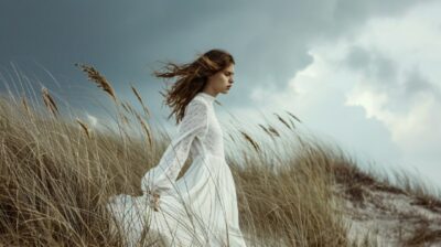 an advertisement for women clothing, high fashion, young female, wind on hair, f...