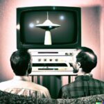 RetroWwo smokers watching ufo by TV retro style photography | Big robot cat in s...