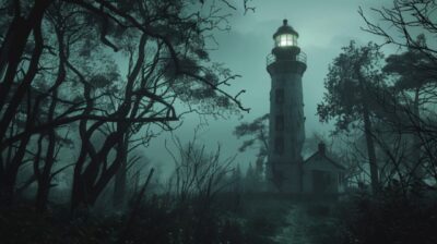 horror atmosphere of forested and foggy lighthouse, pro photography --v 6 --ar 1...